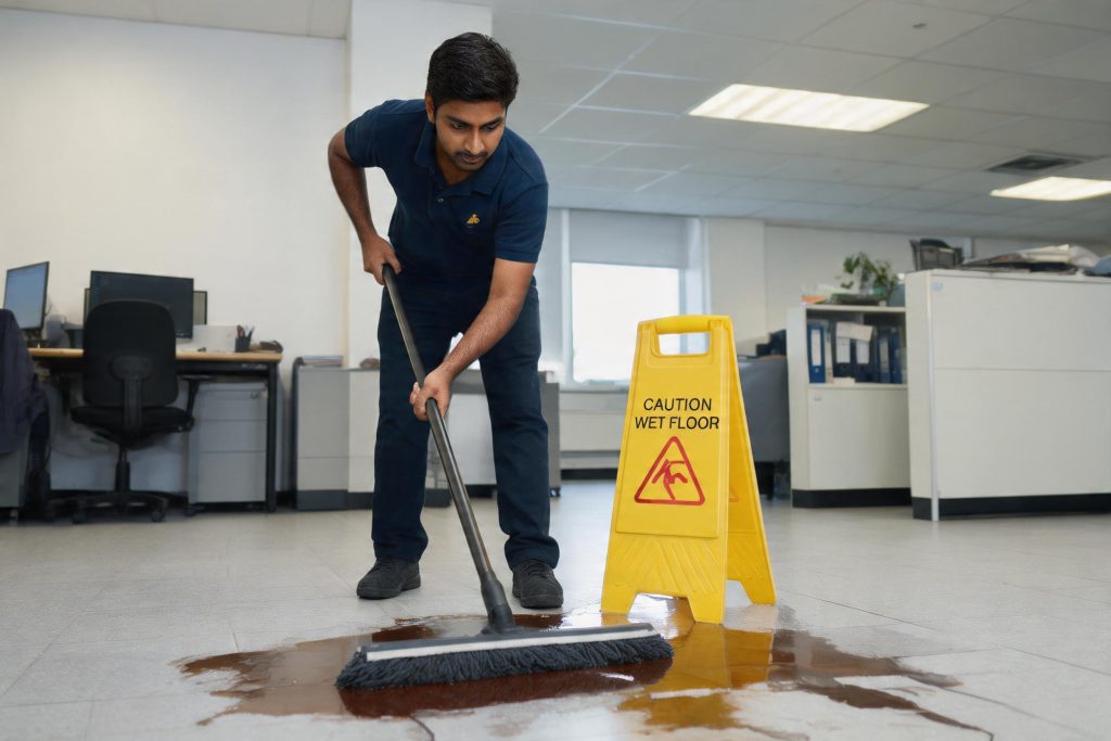 A worker mopping up a spill next to a yellow caution wet floor sign in an office