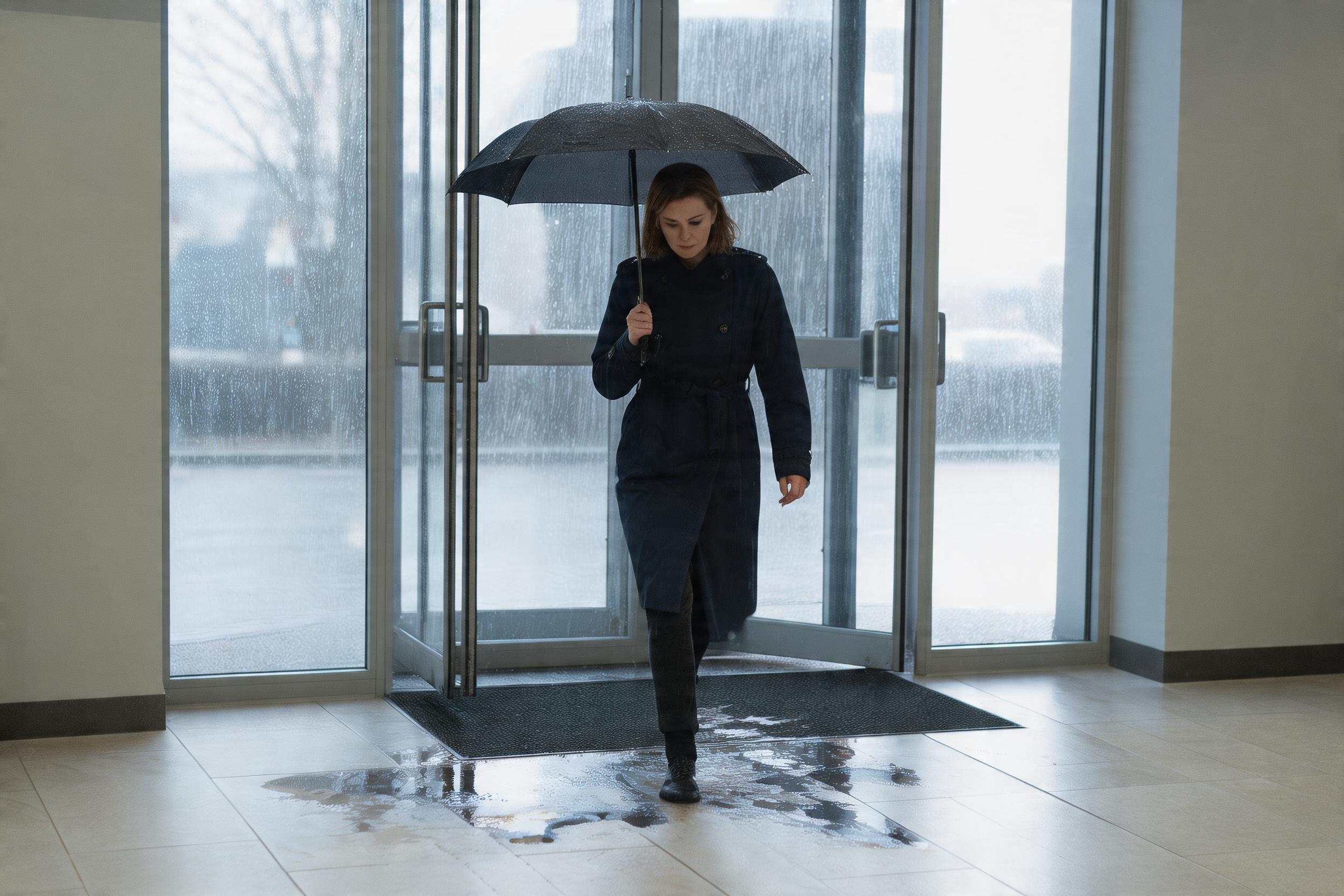 A person entering a building on a rainy day, with a wet floor and entrance matting