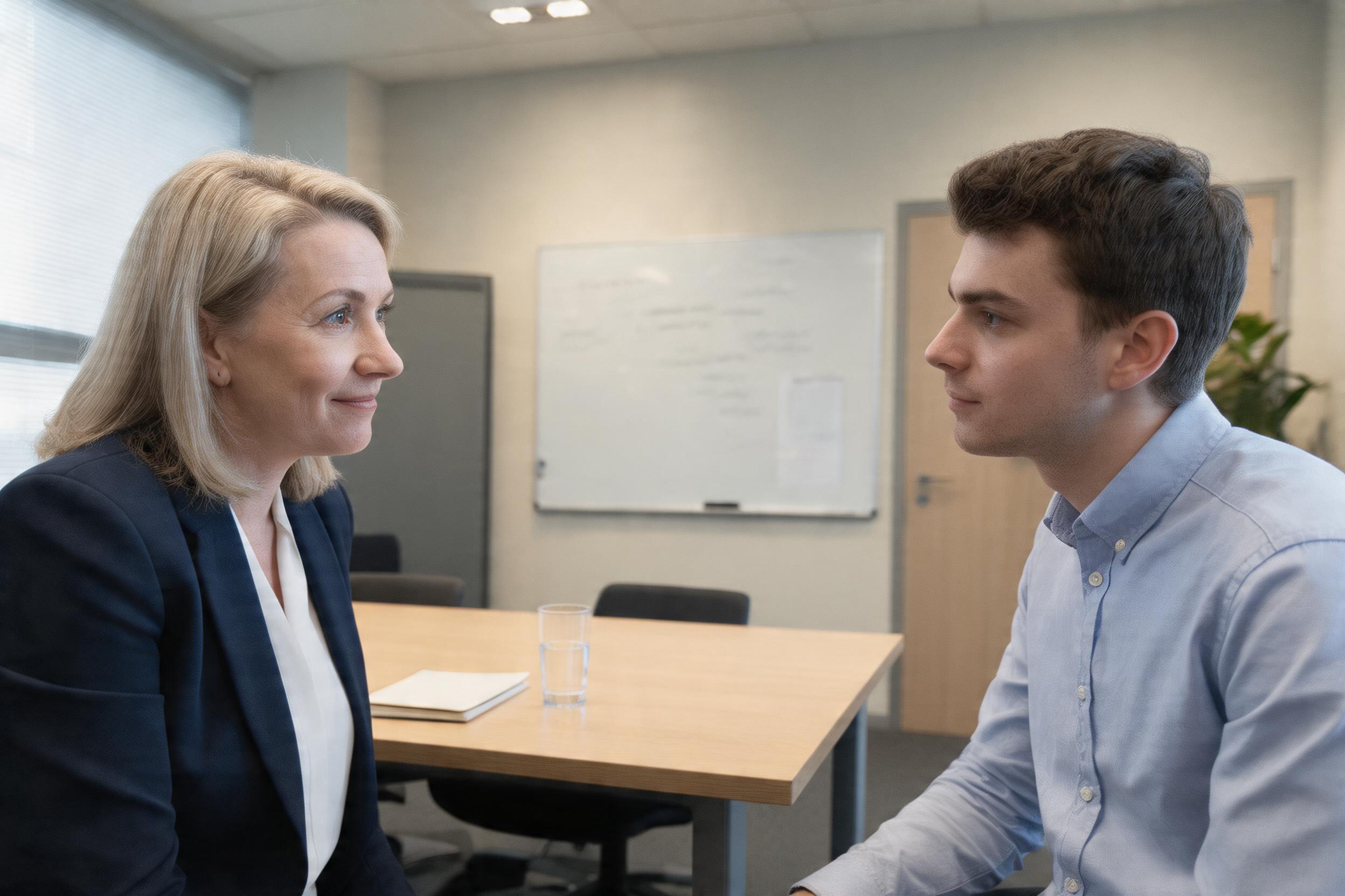 A manager having a supportive one-to-one conversation with an employee