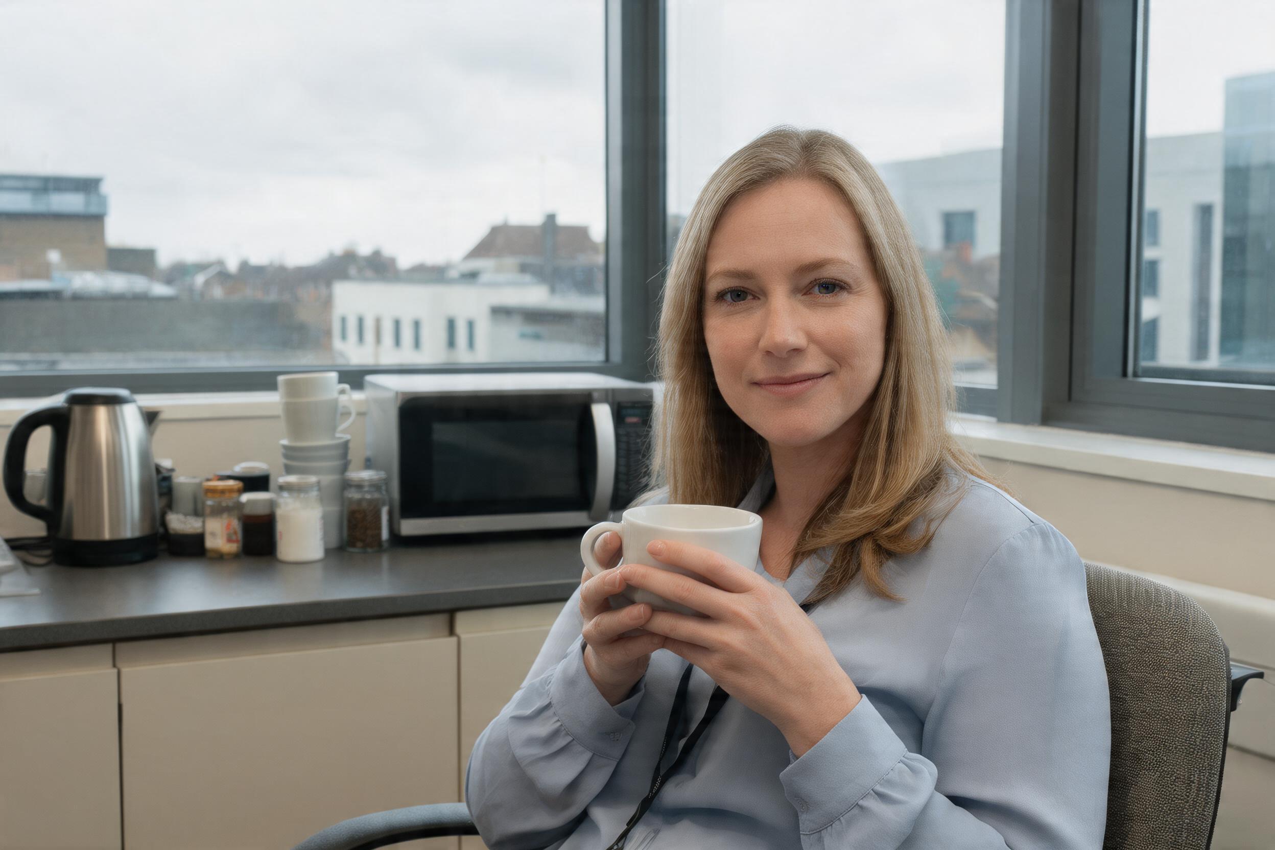 An office worker taking a calm break with a cup of tea by a window