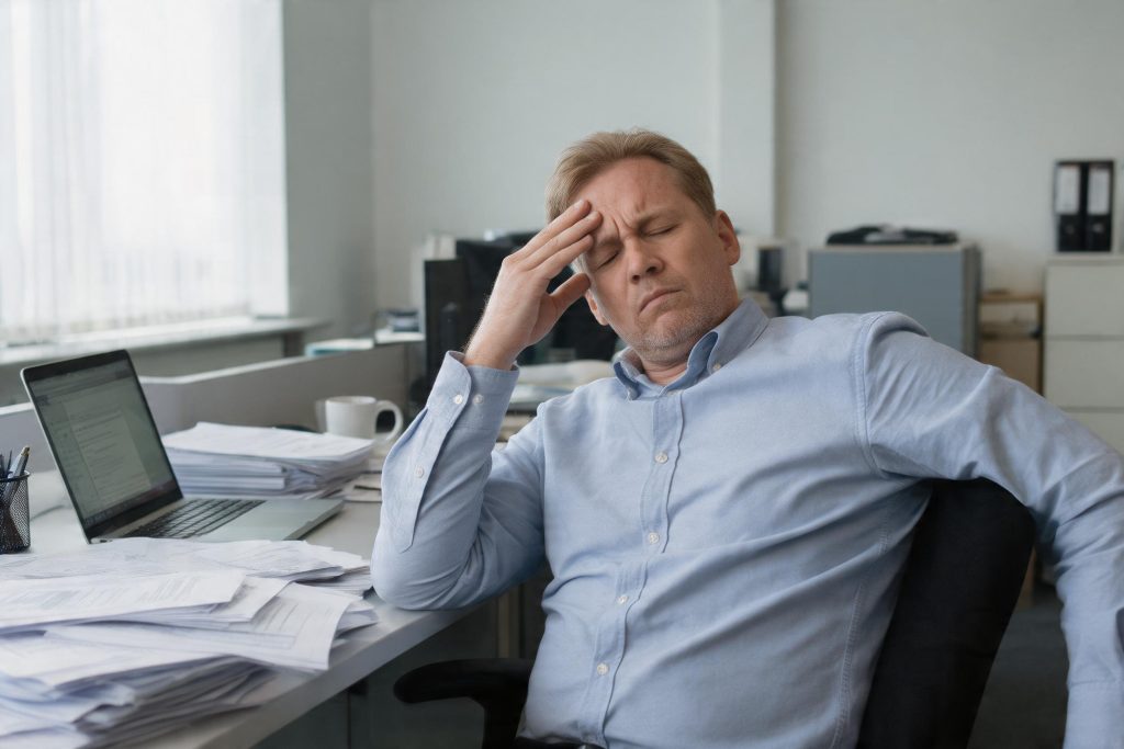 A tired, stressed office worker at a desk piled with paperwork