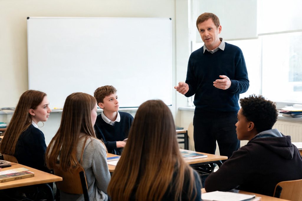 Teacher working with pupils in a UK primary school classroom