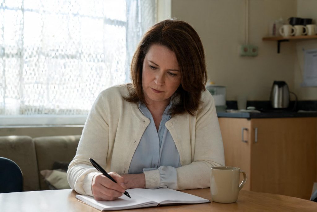Teacher reviewing professional development notes in a school staff room