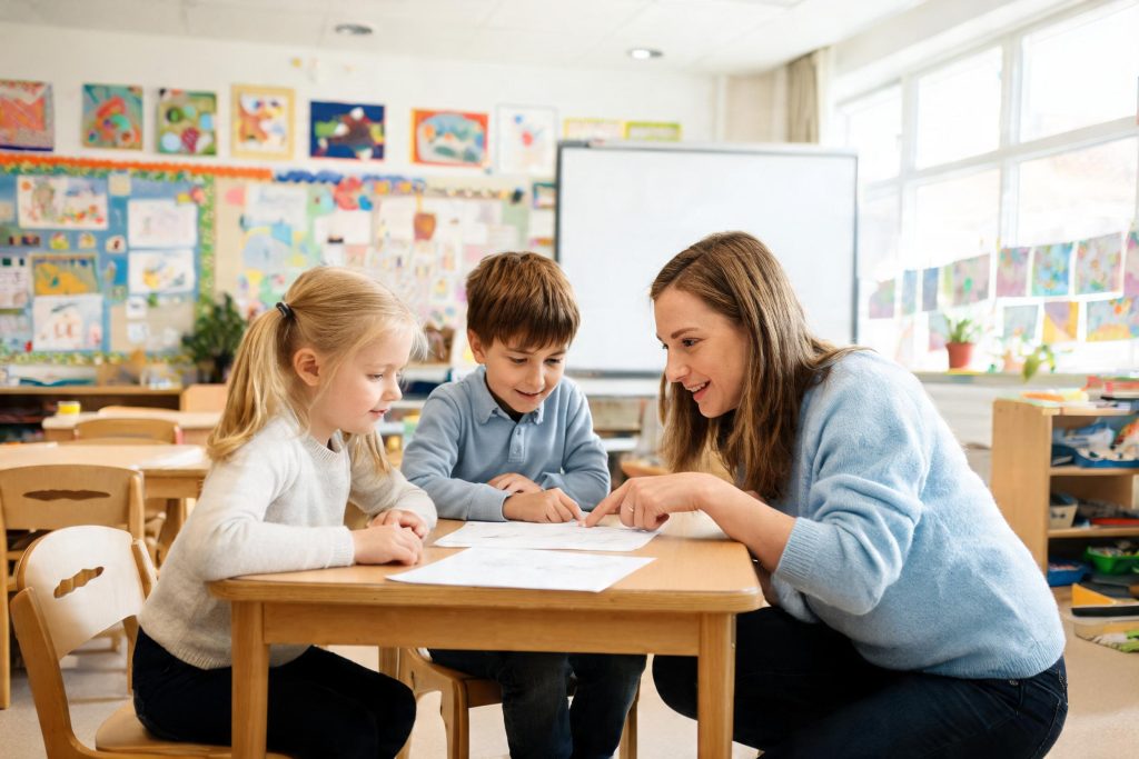 Primary school teacher crouching beside a table helping two young pupils with their work