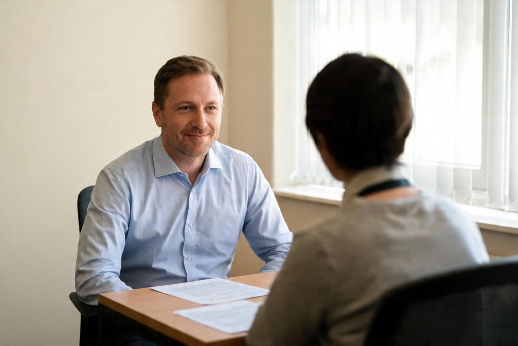 HR adviser listening during a one-to-one meeting