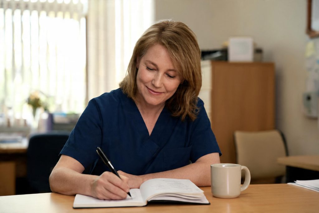Nurse writing a reflective CPD record at a desk