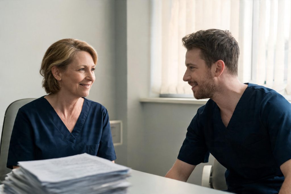 Two nurses having a reflective discussion in a quiet room