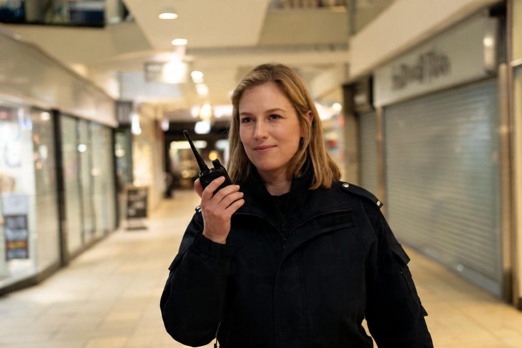 Security officer on patrol with a radio
