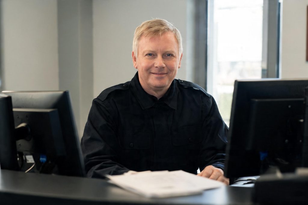 Security officer at a reception and control desk