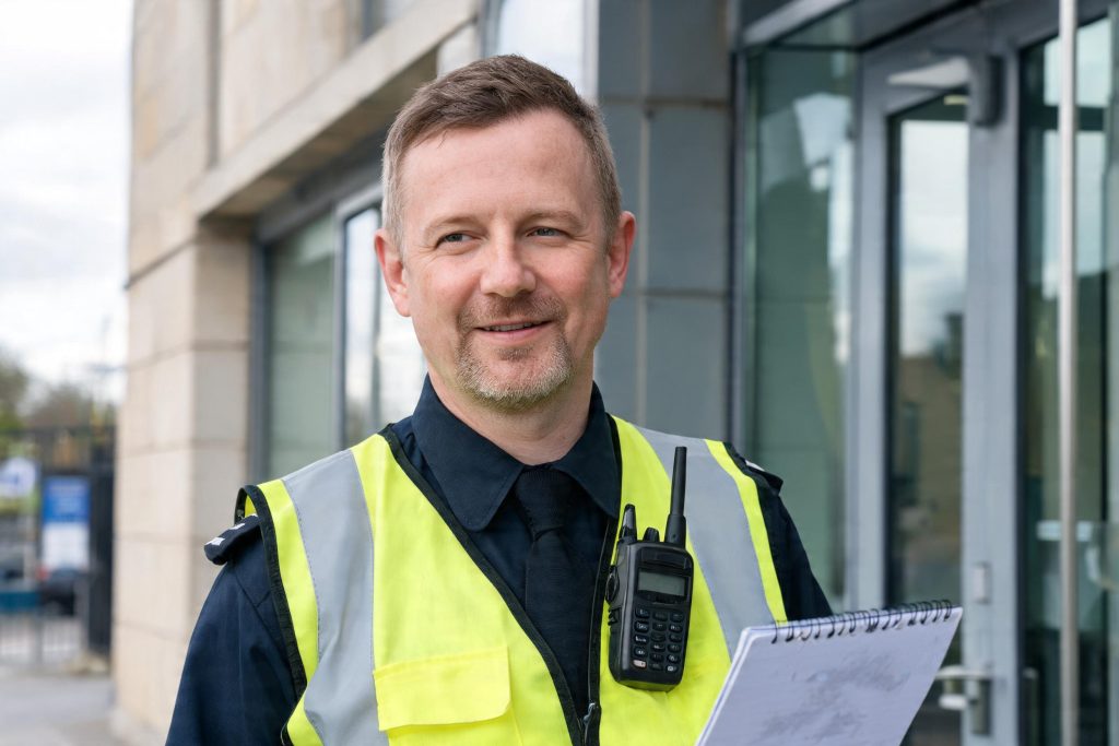 Security officer on duty at a commercial building entrance