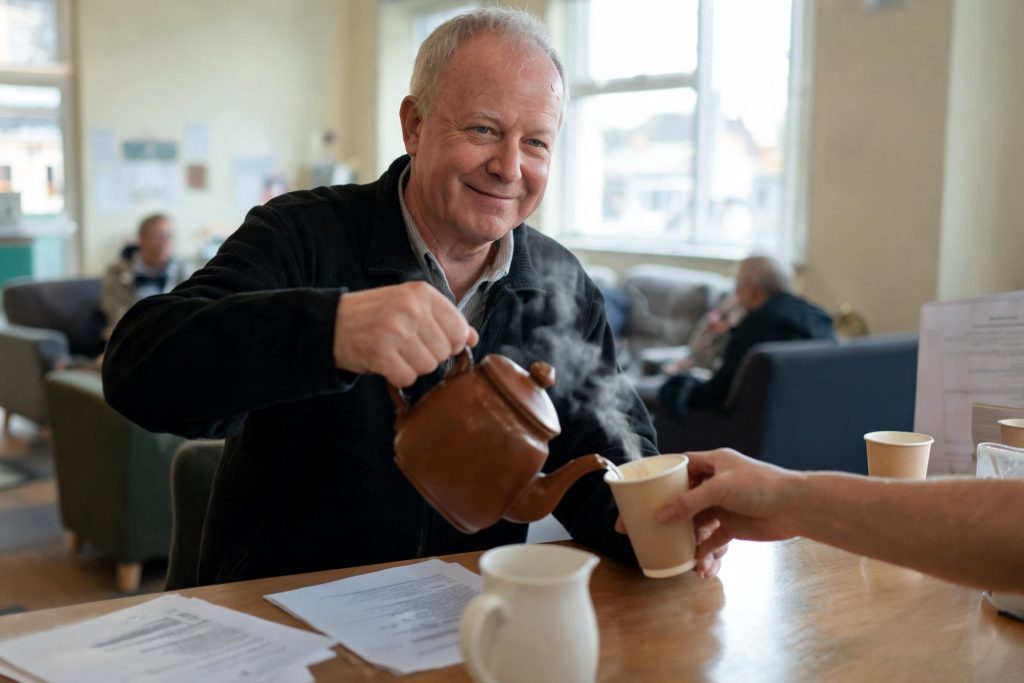 Volunteer serving tea at a community drop-in session