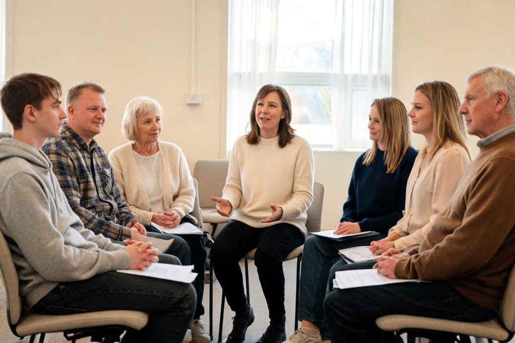 Volunteers taking part in a training session in a community hall