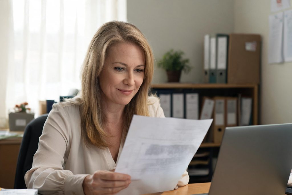 Charity manager reading a policy document at a desk