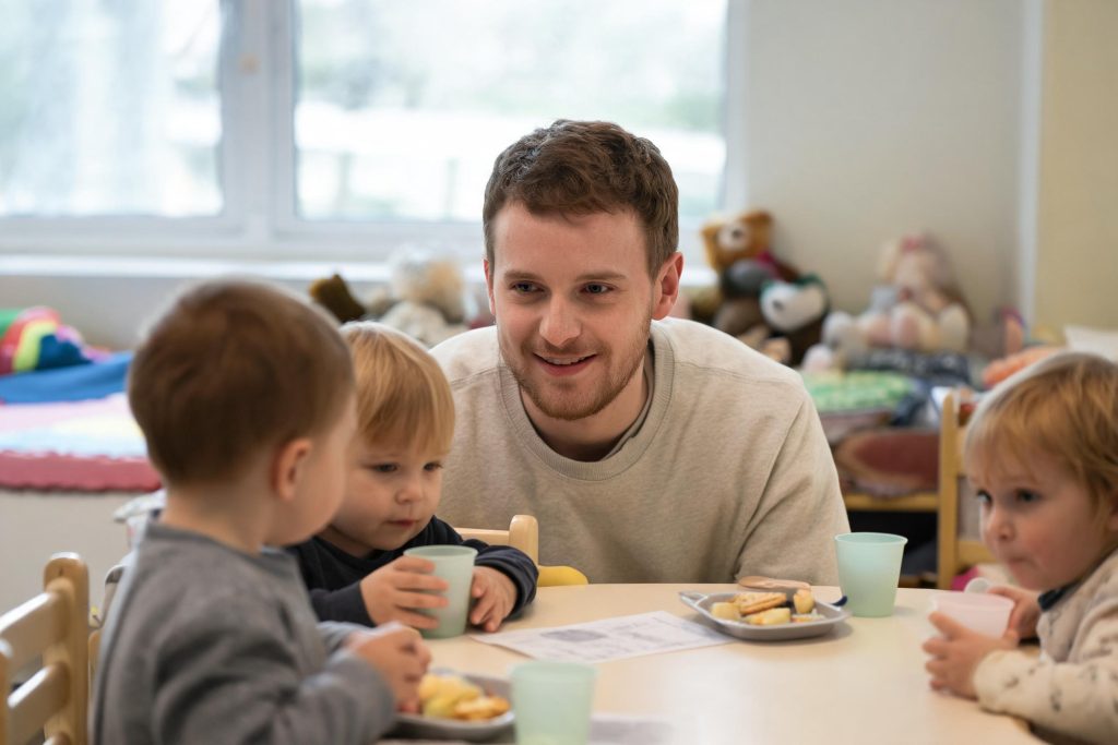 Nursery practitioner supervising toddlers at snack time