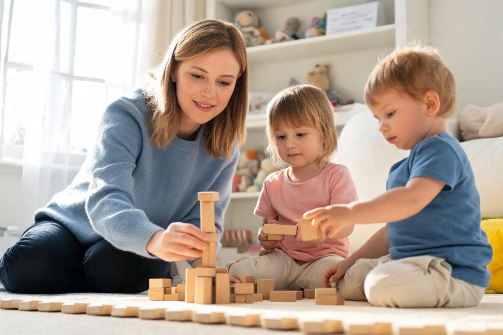 Nursery practitioner playing with toddlers and wooden blocks