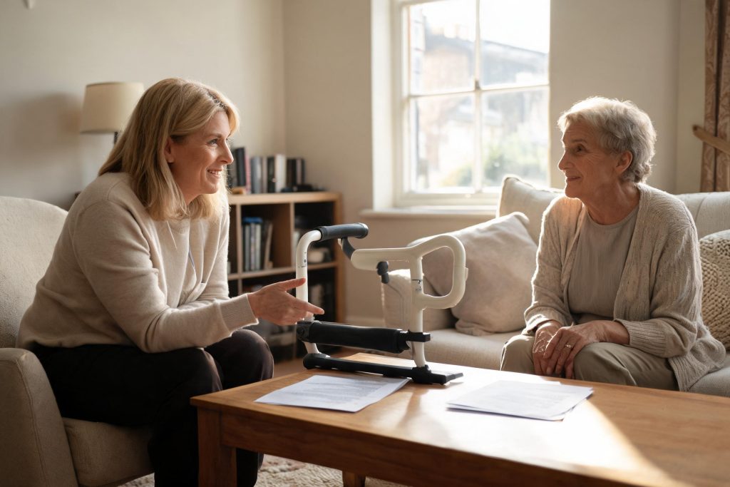 Occupational therapist discussing a daily living aid with a client at home