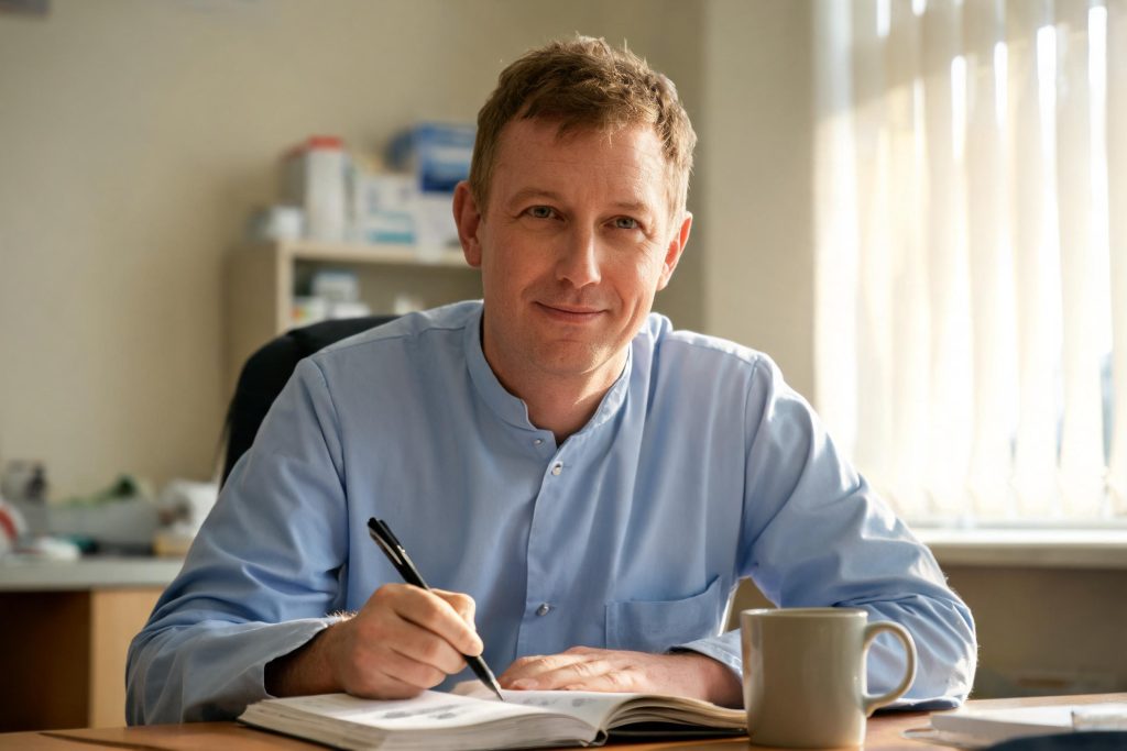 Clinician writing reflective notes at a desk
