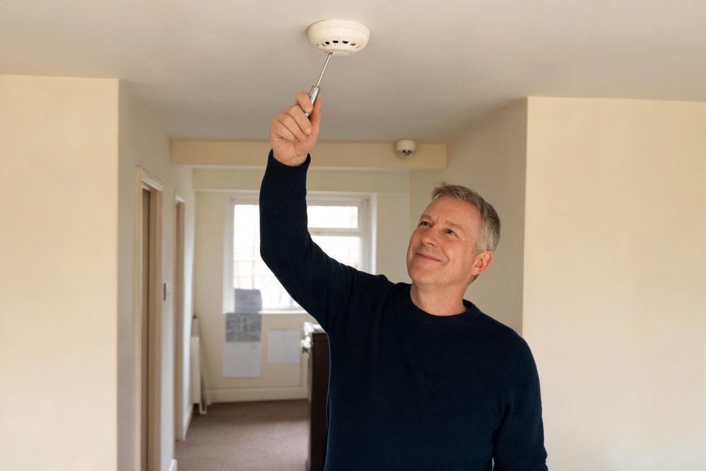 Landlord testing a smoke alarm in a rental property