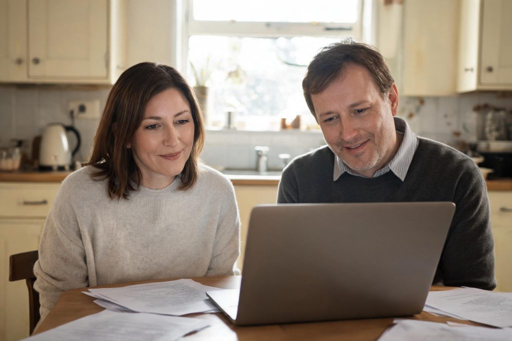 Landlords reviewing property paperwork at a kitchen table