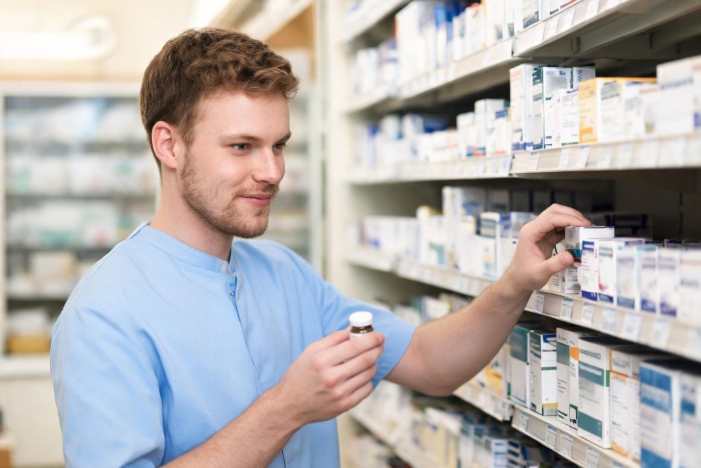 Pharmacy technician assembling a prescription at the dispensary shelves