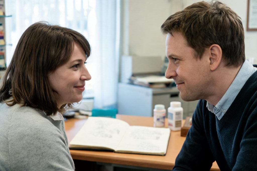 Two pharmacy colleagues in a professional discussion in the back office