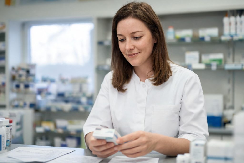 Pharmacist checking a medicine at the dispensing bench