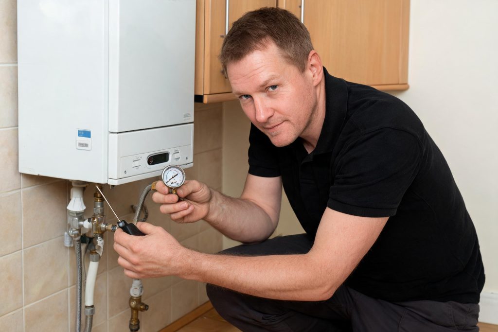 Registered heating engineer servicing a domestic boiler
