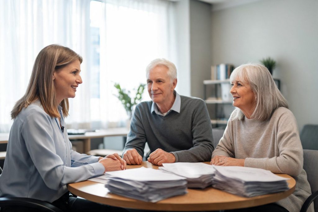 Financial adviser meeting an older couple at a round table