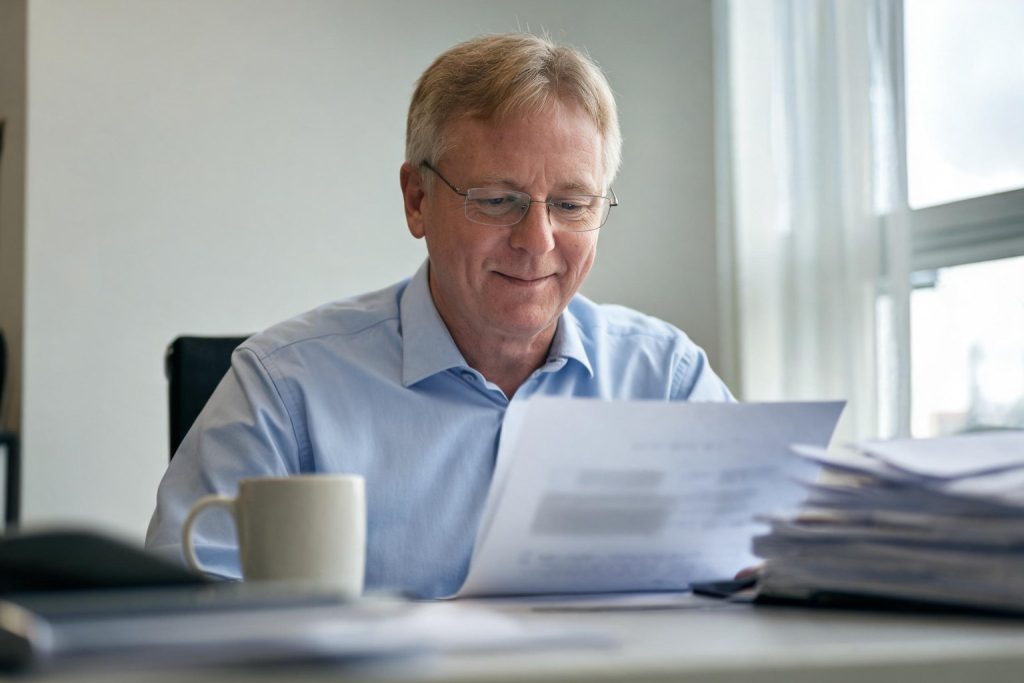 Financial adviser reading a printed report at his desk