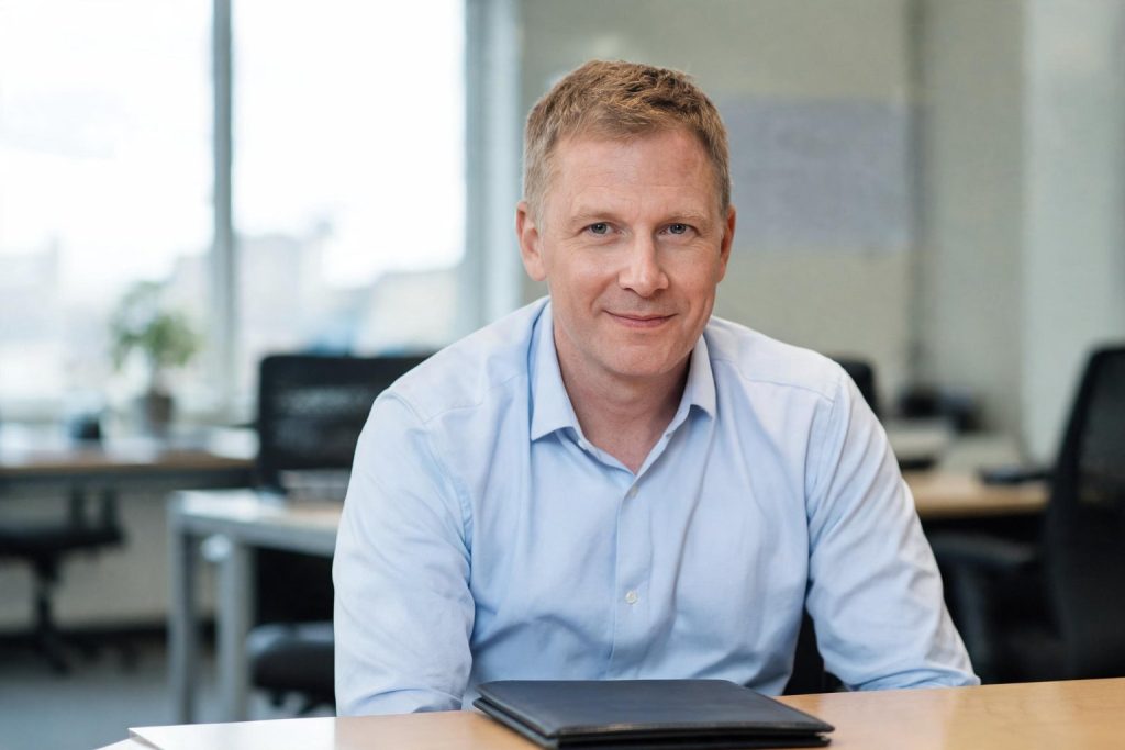 Financial adviser at a meeting table in a UK office