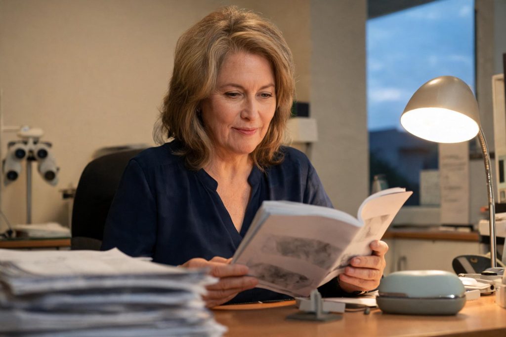 Optometrist reading a professional journal at her desk in the evening