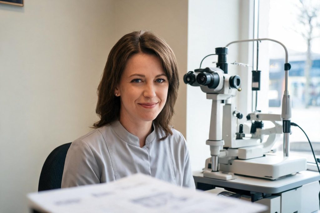 Optometrist in a high street practice consulting room