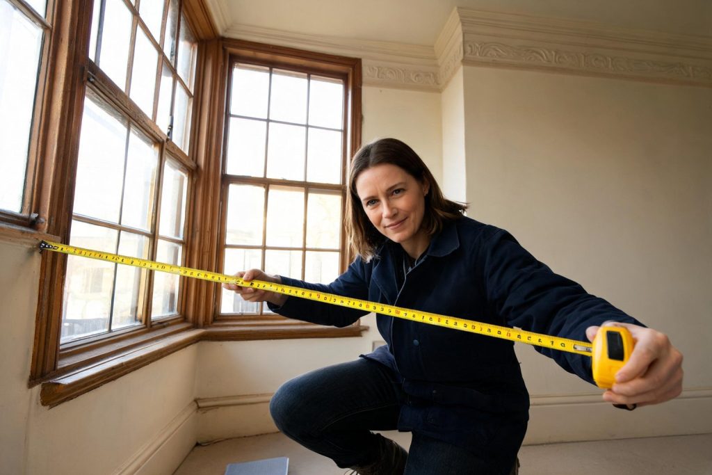 Building surveyor measuring a bay window with a tape measure