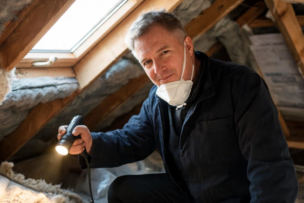 Surveyor inspecting a loft space with a torch