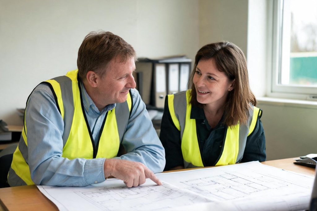 Two surveyors reviewing building plans in a site office