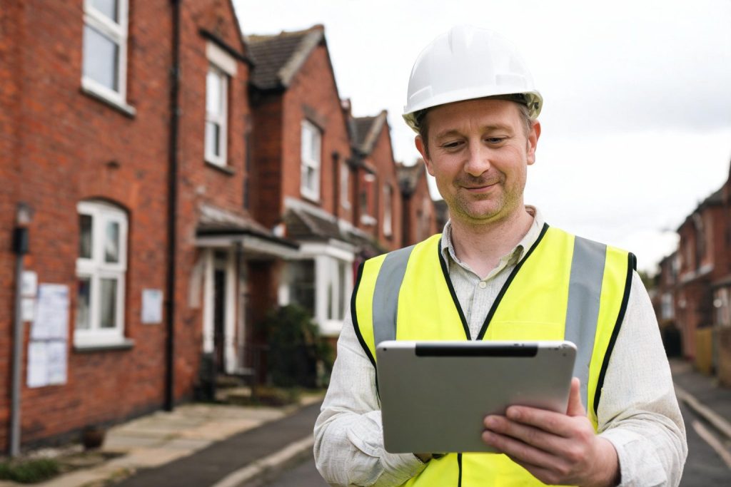 Chartered surveyor outside a terraced house