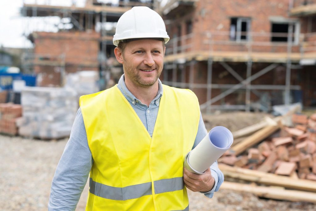 Architect walking through a building site with a rolled drawing