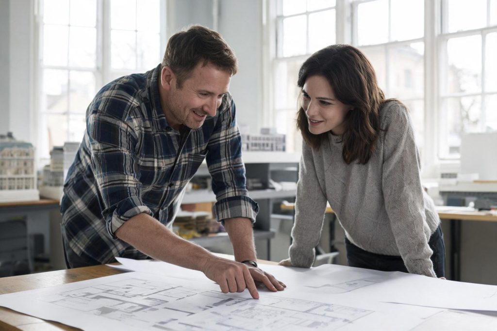 Two architects discussing floor plans in a studio