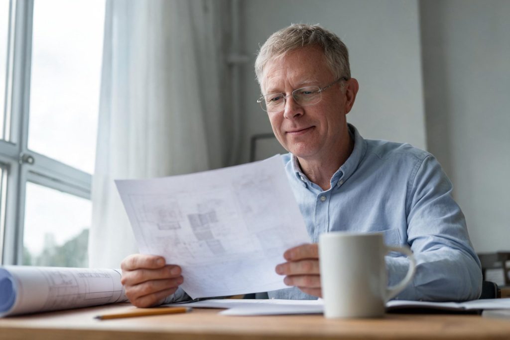 Architect reading a technical document at his desk