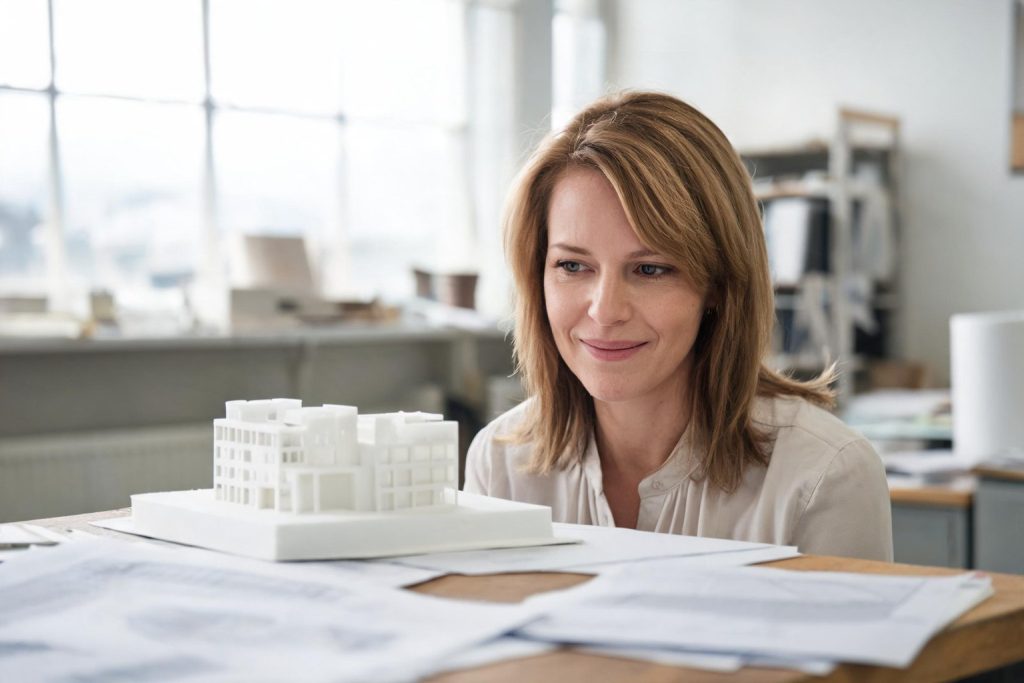 Architect with a building model in a studio