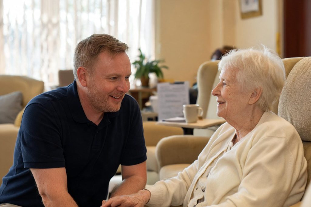 Care home manager chatting with a resident in the lounge