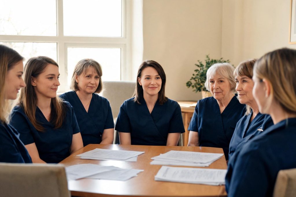 Care workers taking part in a training session in a staff room