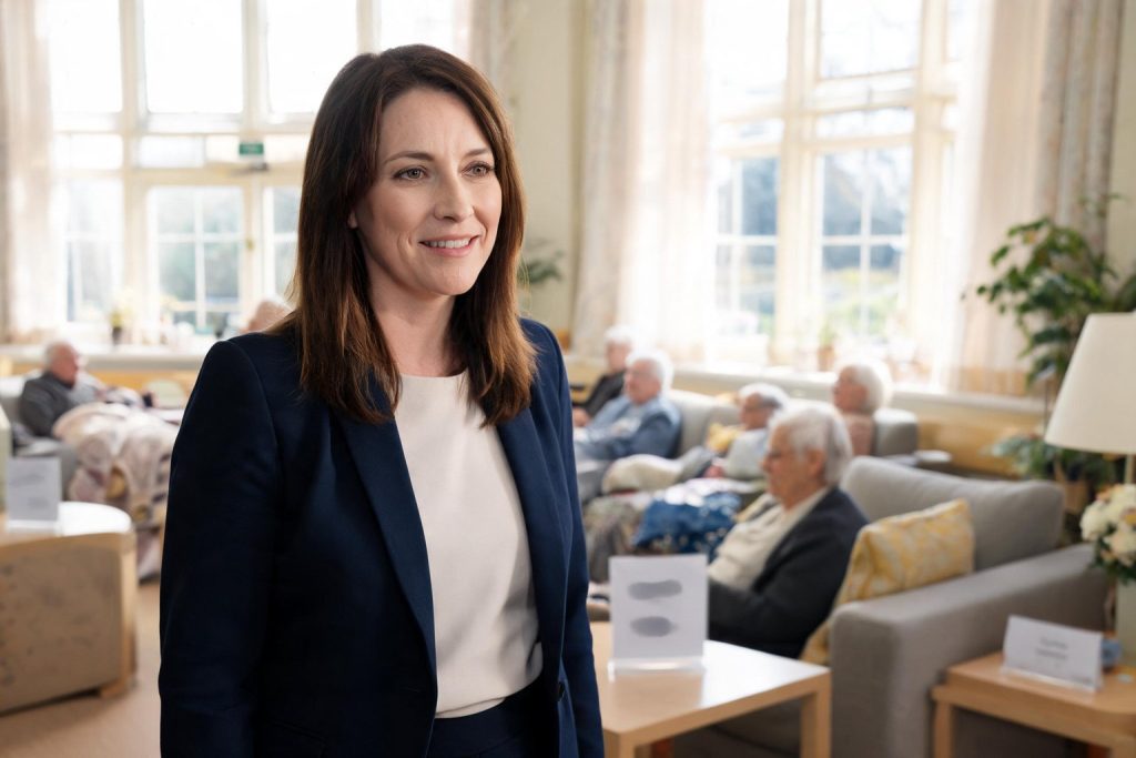 Care home manager in a care home lounge
