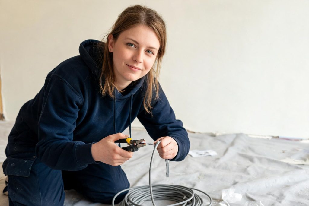 Electrician stripping the sheath from electrical cable