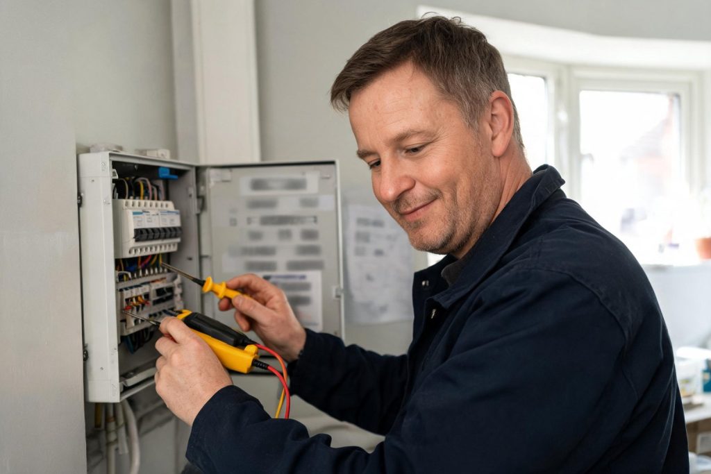 Electrician testing inside a domestic consumer unit
