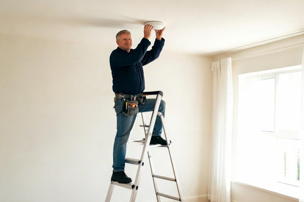 Electrician on a stepladder fitting a ceiling light