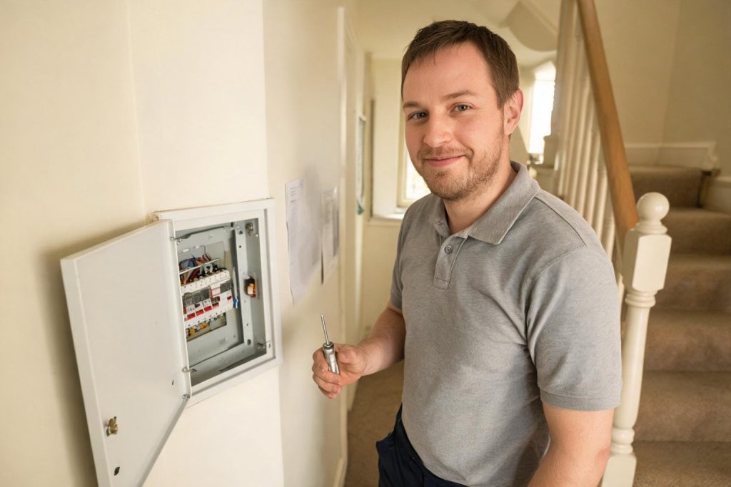 Electrician beside an open consumer unit