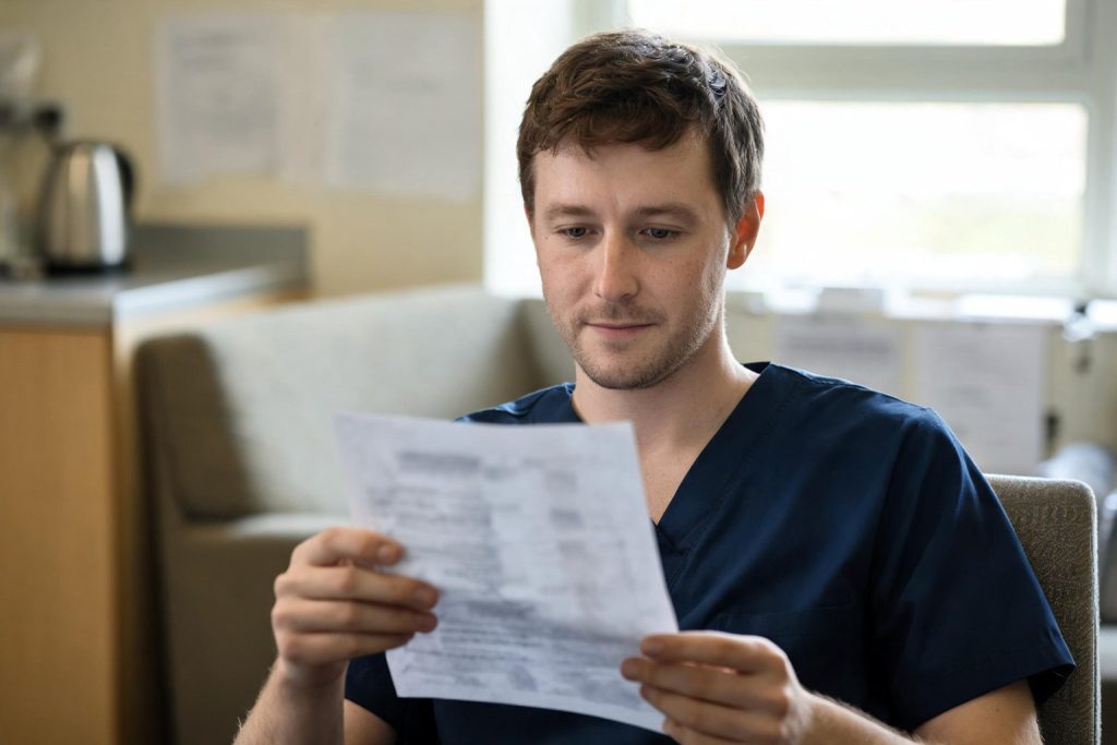 Junior doctor reading a clinical guideline in a staff room