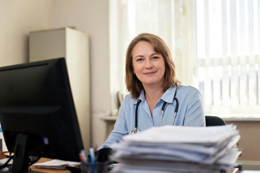 GP at her desk in a consulting room