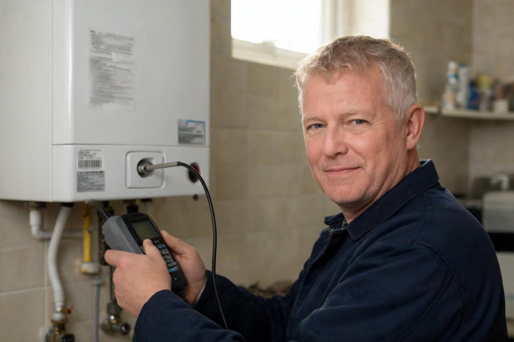 Gas engineer testing a boiler with a flue gas analyser